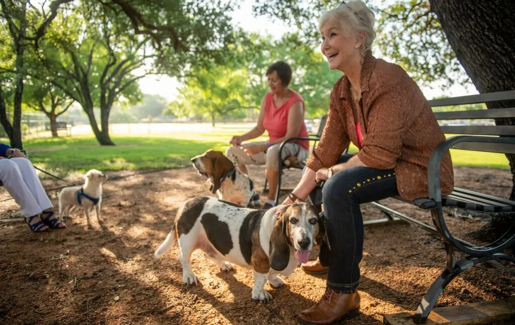 Senior woman and dog in park
